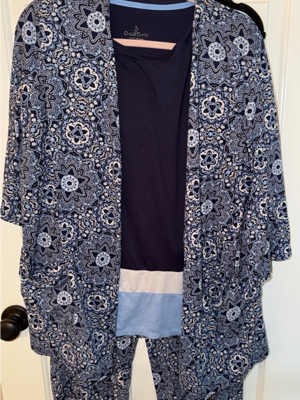 Cuddl Duds 3 Piece Pajama Set S/S Top 3/4 Sleeve Jacket Capri Pants Blue M
